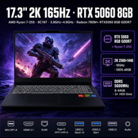 Ordinateur portable avec carte graphique Nvidia NH62, écran 17,3 pouces 2K 2560x1440 165Hz 100% SRGB, Ryzen 7-255, DDR5 64 Go, Windows 11 Pro, 2 emplacements pour cartes
