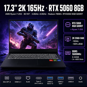 แล็ปท็อปพร้อมการ์ดจอ Nvidia NH62 ขนาด 17.3 นิ้ว 2K 2560x1440 165Hz 100% SRGB Ryzen 7-255 DDR5 64GB <span class=keywords><strong>Windows</strong></span> 11 <span class=keywords><strong>Pro</strong></span> 2 สล็อตพีซี - Product Image 2