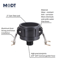 Raccord de tuyauterie réducteur Camlock mâle poli en PP moulé sous basse pression de marque MDT, filetage NPT/BSPT, classe 150, 2'' 1/2'', FDA