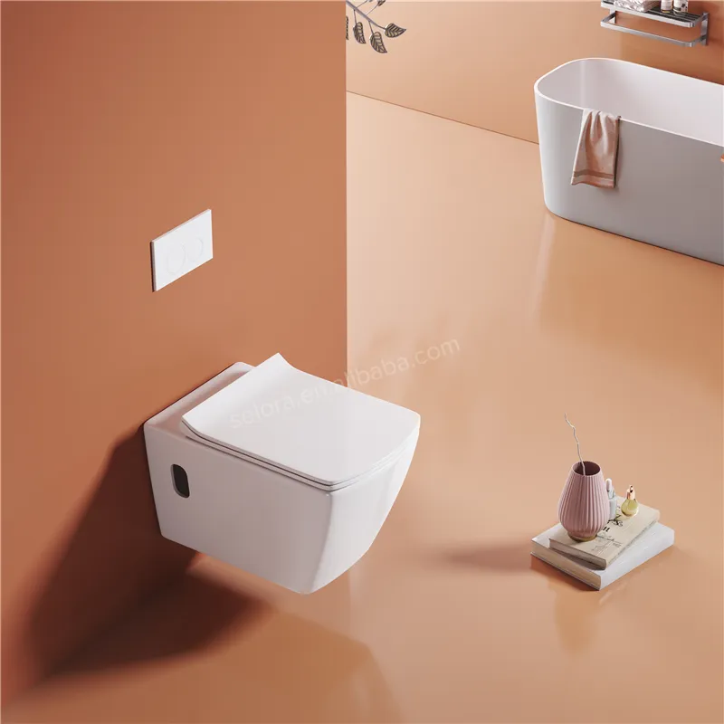 Suspendre WC sans rebord carré mural accrocher cuvette de toilette salle de bain en céramique suspendu toilette commune avec réservoir