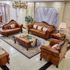 Set sofa kulit asli retro bentuk U, set sofa kulit asli, ruang tamu, retro, bentuk U, apartemen kecil, kayu solid, lapisan pertama Eropa, Amerika, 123