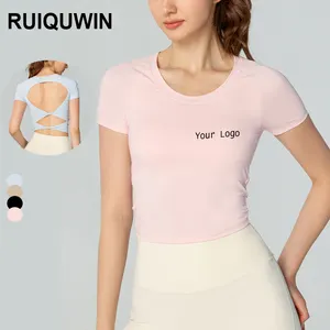 Ruiquwin - Camiseta esportiva feminina com logotipo personalizado para treino, moda esportiva, moda de ioga e fitness, manga curta, com costas abertas, para uso ao ar livre