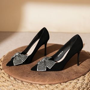 9888H-100 <b>Black</b> <b>Suede</b> <b>Pumps</b> Pointed Toe Stiletto Heel Bow Decoration Office Shoes High Heel Comfort Women's - Product Image 1