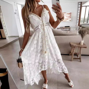 Nuova estate europea americana in pizzo <span class=keywords><strong>con</strong></span> grande Swing abito in Chiffon lungo fino al pavimento di colore puro <span class=keywords><strong>con</strong></span> Logo stile Casual sul <span class=keywords><strong>davanti</strong></span> - Product Image 1