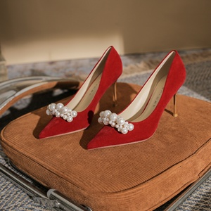 Zapatos de Tacón Alto Rojos para Mujer, Plataforma, Cuero Genuino, Diseño a Cuadros, Cómodos, Transpirables, Antideslizantes, Punta en Pico, Hebilla con Flor - Product Image 1