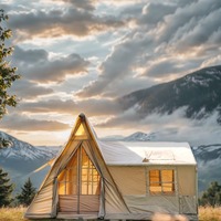 Tente de camping familiale gonflable beige de 12 mètres carrés pour 8 à 10 personnes avec lanterneau à colonne d'air et ouverture pour cheminée