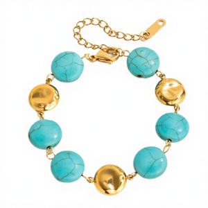 Pulsera de Acero Inoxidable con Dijes Geométricos Azules Turquesa de Moda Europea y Americana, Chapada en Oro de 18K, Accesorio Versátil para Mujer - Product Image 4