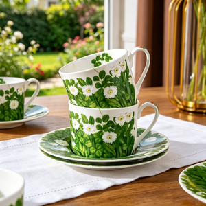White Daisy <b>Floral</b> Porcelain Coffee Cup Set Elegant Green Leaf Pattern Ceramic Tea Cup For Afternoon Tea Home Decor And Gift - Product Image 1