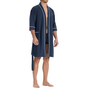 Bata de hombre de punto gofrado de manga corta, ligera, con bolsillos, estilo kimono de algodón, para spa y descanso. - Product Image 2