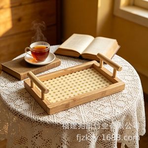 Bandeja de bambú con asa para almacenar bocadillos de té, herramientas prácticas para hornear y repostería - Product Image 3
