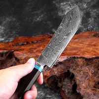 Couteau de Chef en Acier Damas Multifonctionnel pour Trancher et Couper la Viande, Ambidextre, Manche Octogonal en Résine Transparente, 16cm