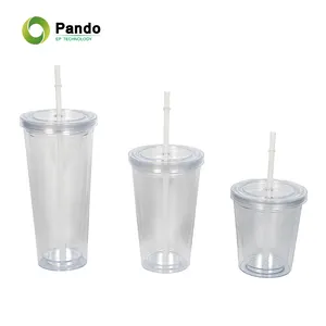 แก้วดื่มน้ำสองชั้นแบบมีฝาปิดและหลอดแก้วใสทำจากพลาสติกส่งตรงจากโรงงาน
