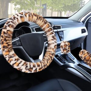 Couverture de <span class=keywords><strong>volant</strong></span> pour femmes filles coupe universelle fourrure léopard chaud couverture de roue de voiture et couverture de frein à main et ensemble de couverture de changement de vitesse - Product Image 5