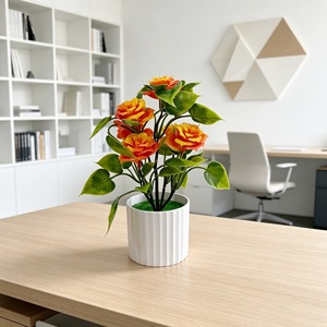 Bonsaï de rose artificielle Paulon, 24 cm de haut, pot rayé vertical, décoration intérieure/extérieure, accessoire de mariage - Product Image 2