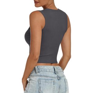 FOXA Débardeur court pour femme, col haut, sans manches, tricot côtelé, coupe ajustée, vêtements de sport décontractés - Product Image 3