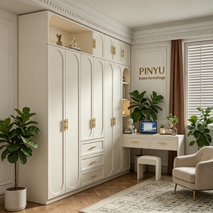 Armoire de chambre vintage française en bois composite, avec plusieurs tiroirs, coiffeuse intégrée et miroir - Product Image 2