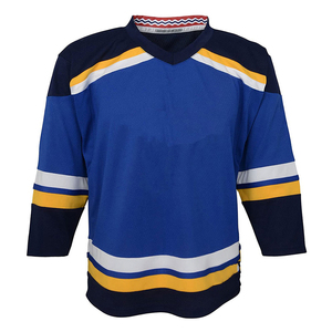 Maillot de hockey sur glace personnalisé pour homme, col en V, manches trois quarts, rayures bleues, jaunes et blanches, évacuation de l'humidité, 100% polyester, coupe classique - Product Image 6