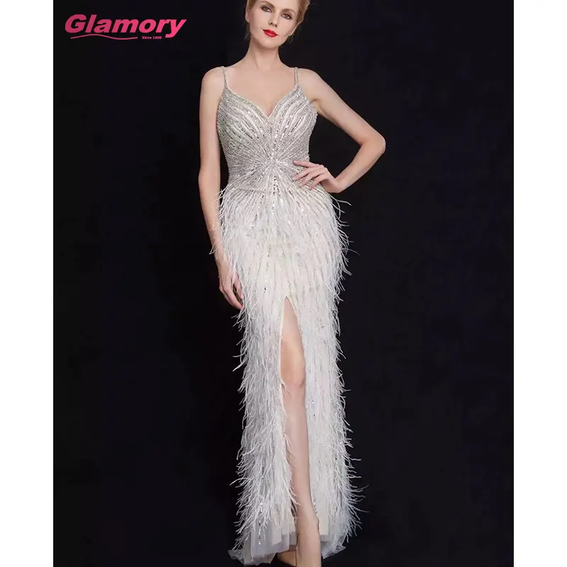 Новинка 2020 роскошное платье с бисером с перьями пикантные прозрачные длинные элегантные вечерние платья до бедра с разрезом