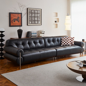 french vintage high leg black cloud top grain leather straight mid century <b>sofa</b> <b>for</b> living room - Product Image 1