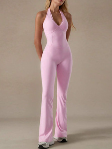 Solid Color V-neck <strong>Lace</strong> <strong>Trim</strong> Halter Yoga Workout Jumpsuit <strong>Leggings</strong> - Product Image 4