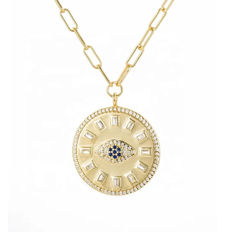 Gemnel sapphire evil eye medallion pendant baguette fancy long paperclip chain necklace