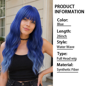 Perruque synthétique <span class=keywords><strong>longue</strong></span> ondulée bleu roi avec <span class=keywords><strong>frange</strong></span>, résistante à la chaleur, vente en gros directe usine, fabricant OEM/ODM, perruques pour femmes - Product Image 2