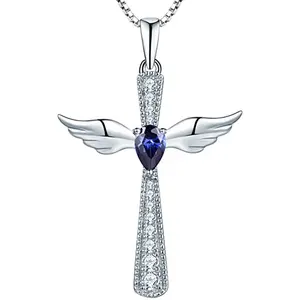 SC 2024 Western New White Gold Plated Necklace Women Indigo Zircon Angle Wing Silver Cross Necklace For Pendant Jewelry