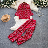Ensemble de 2 pièces pour femmes, imprimé floral d'été, chemise à manches courtes boutonnée, pantalon large, ensemble assorti décontracté pour les vacances