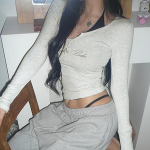 Camiseta de Punto Casual para Mujer, Cuello Redondo, Manga Larga, Estampado de Letras, Ajustada, Gráfica, Básica, para Combinar, Principios de Otoño - Product Image 2