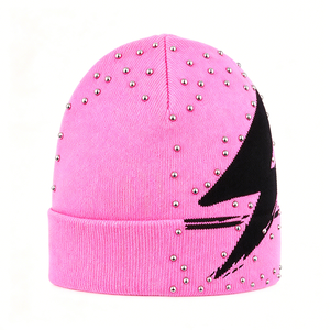 Bonnet tricoté rose clouté pour femme, motif éclair Y2K, chaud pour l'hiver, style décontracté, streetwear, casquette ajustée - Product Image 5