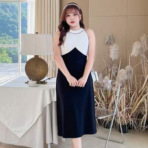 Vestido midi Runqi N8696 con cuello halter, bloques de color, cintura imperio, línea A, contraste blanco y negro, vestido de noche para mujer - Product Image 5