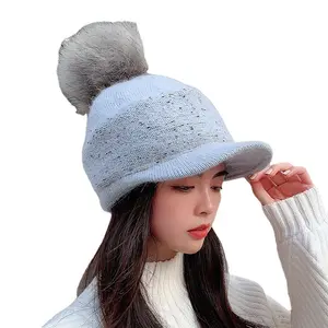 New Autumn-Winter Rabbit Fur Pom Pom Hat Cute and Fashionable Cotton Peaked Cap Korean Style Fur Ball Knitted Hat for Girls