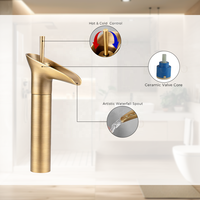 Robinet de lavabo cascade classique à poignée unique, avec cartouche céramique, en laiton, à poser sur comptoir, mitigeur chaud/froid pour salle de bain