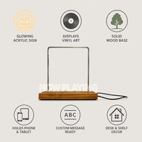 Support de présentation de disques vinyles en bois avec base en acrylique et éclairage LED USB rectangulaire, design contemporain