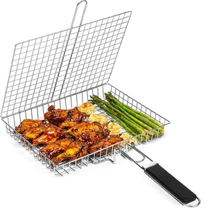 Accessoires de barbecue panier à griller support pique-nique Camping Barbecue panier à griller pliant en acier inoxydable avec poignée amovible Portable