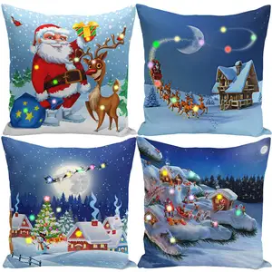 Christmas Home Sofa Car Decor Led Light Luminous Cushion Cover Set Gifts Xmas Santa Claus Reindeer Pillow Case