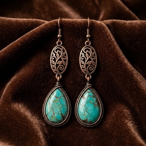 Lot de boucles d'oreilles pendantes personnalisées en turquoise synthétique, style vintage, en cuivre ajouré floral, hypoallergéniques, cadeau pour femme - Product Image 3
