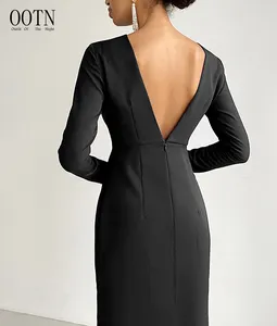 Aachootn — robe mi-longue décontractée et élégante pour femmes, tenue d'hiver, mi-longue, dos nu, manches longues, coupe trapèze, vêtement de bureau, collection 2021