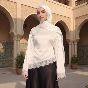 Abaya Loriya 2026 EID, Robes pour femmes, Vêtements islamiques, <span class=keywords><strong>Haut</strong></span> en satin et dentelle, Tenue élégante et modeste, Chemise asymétrique à nouer en dentelle pour femmes - Product Image 1