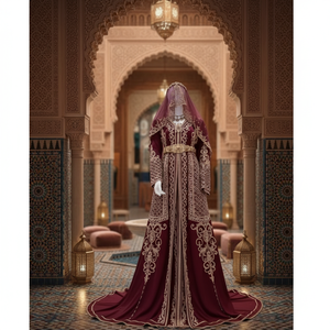 Vestido de novia real marroquí elegante satén vintage intrincado hilo dorado trabajo modesto vestido de noche majestuosos momentos de fiesta - Product Image 3