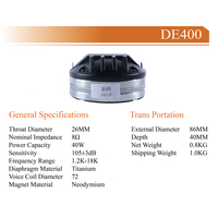 Haut-parleur tweeter à compression néodyme dDE400 40W 8Ohm, gorge de 26 mm, bobine vocale de 72 mm, pour enceinte de scène PA professionnelle