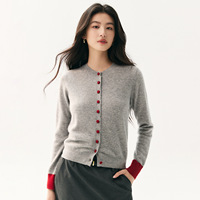 Nouvelle collection automne/hiver, cardigan à col rond en 30% cachemire et 70% laine, poignets bicolores, boutons colorés, coupe ajustée, pull tricoté