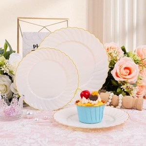 <span class=keywords><strong>Vaisselle</strong></span> élégante BST, assiettes jetables en <span class=keywords><strong>plastique</strong></span> beige, bord festonné, dentelle dorée, bordure dorée, pour mariage et fête - Product Image 3