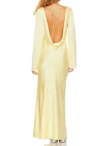 Vestido maxi sem costas com decote em V personalizado para mulheres vestido de noite de cetim amarelo claro