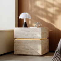 Mesa de Noche de Travertino, Estilo Italiano Retro Moderno Minimalista, Inteligente con Luz, Almacenamiento, Mesa Auxiliar de Madera Maciza para Sala de Estar