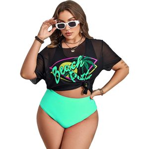 Women's <b>Plus</b> <b>Size</b> 3 Piece Tropical Graphic Mesh <b>Bikini</b> <b>Set</b> With Cover Up Crop Top High Waisted Swimwear - Product Image 1