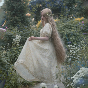 أنيقة أنيقة مربعة الرقبة منفوخة كم الخصر الطبيعي زر الأزهار طباعة طويلة الصيف حديقة زفاف ضيف فستان نسائي - Product Image 2