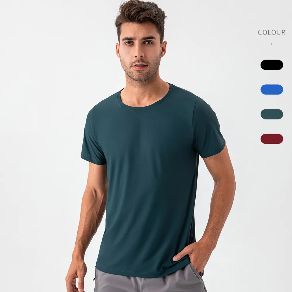 Kaus olahraga lari pria, baju Gym leher bulat lengan pendek kasual longgar bernafas cepat kering Logo kustom nyaman musim panas