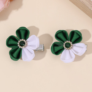 Pinzas para el cabello con lazo de flores en colores contrastantes, pasadores de cinta acanalada con diamantes de imitación para niñas, accesorios diarios para el cabello. - Product Image 5