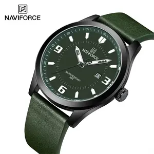 NAVIFORCE 8024 BGNGN jam tangan kuarsa pria, tali kulit hijau mewah Dial besar jam tangan kustom pria waktu jarum bercahaya
